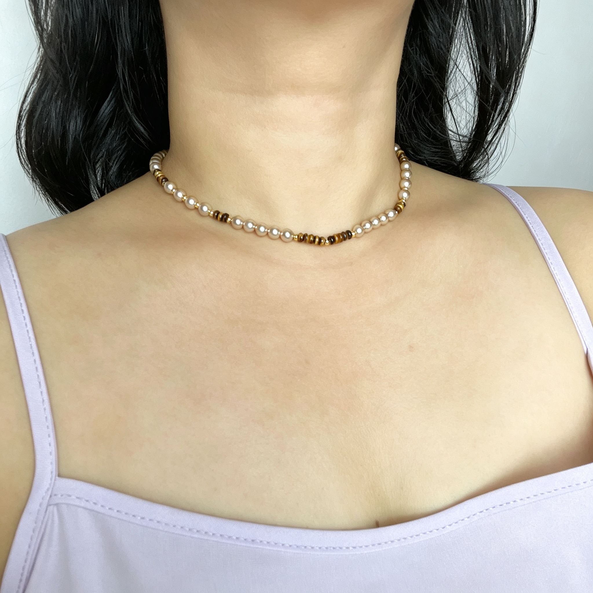 Handmade Pearl & Tiger Eye Disc Choker Necklace | Gold Spacer Elegant Natural Stone Jewelry