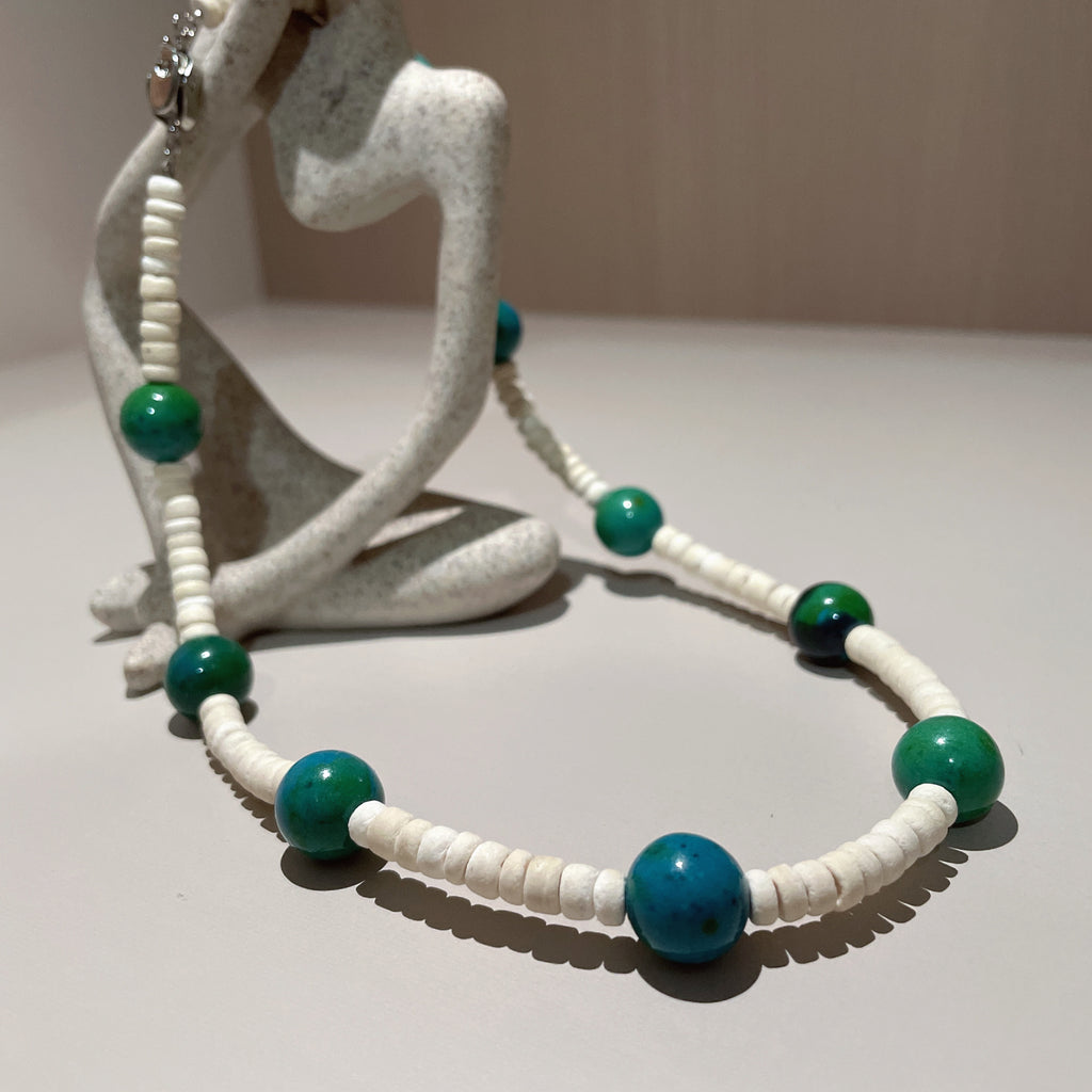 Handmade White Shell Heishi & Green Agate Choker Necklace | Blue Bead Tropical Beach Boho Collar