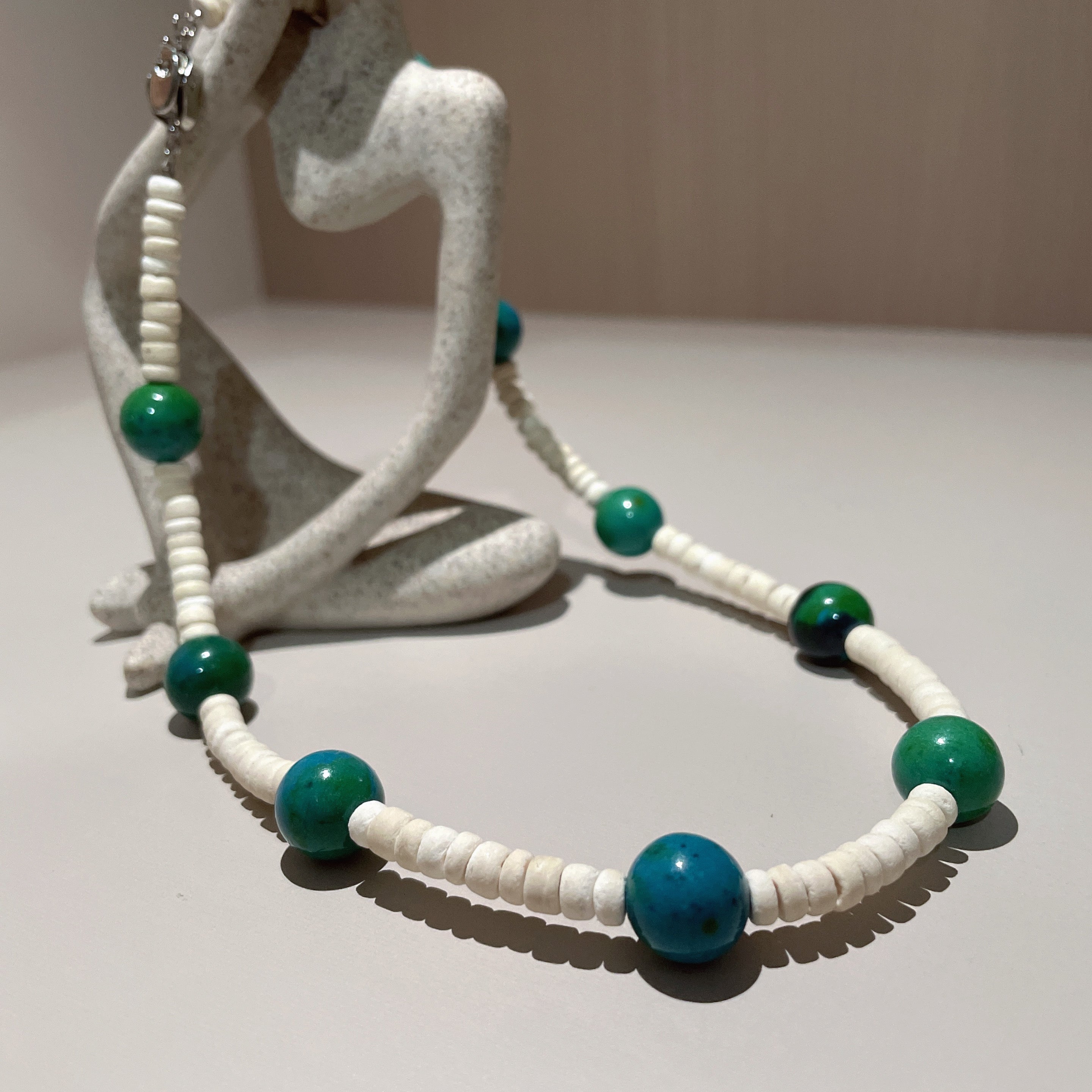 Handmade White Shell Heishi & Green Agate Choker Necklace | Blue Bead Tropical Beach Boho Collar