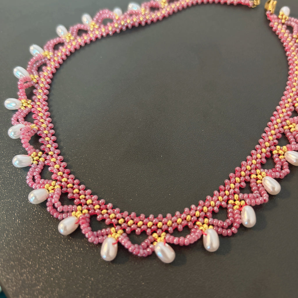 Handmade Rose Pink & Gold Wave Lace Beaded Choker Necklace | Freshwater Pearl Drop Fringe Romantic Collar