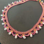 Handmade Rose Pink & Gold Wave Lace Beaded Choker Necklace | Freshwater Pearl Drop Fringe Romantic Collar