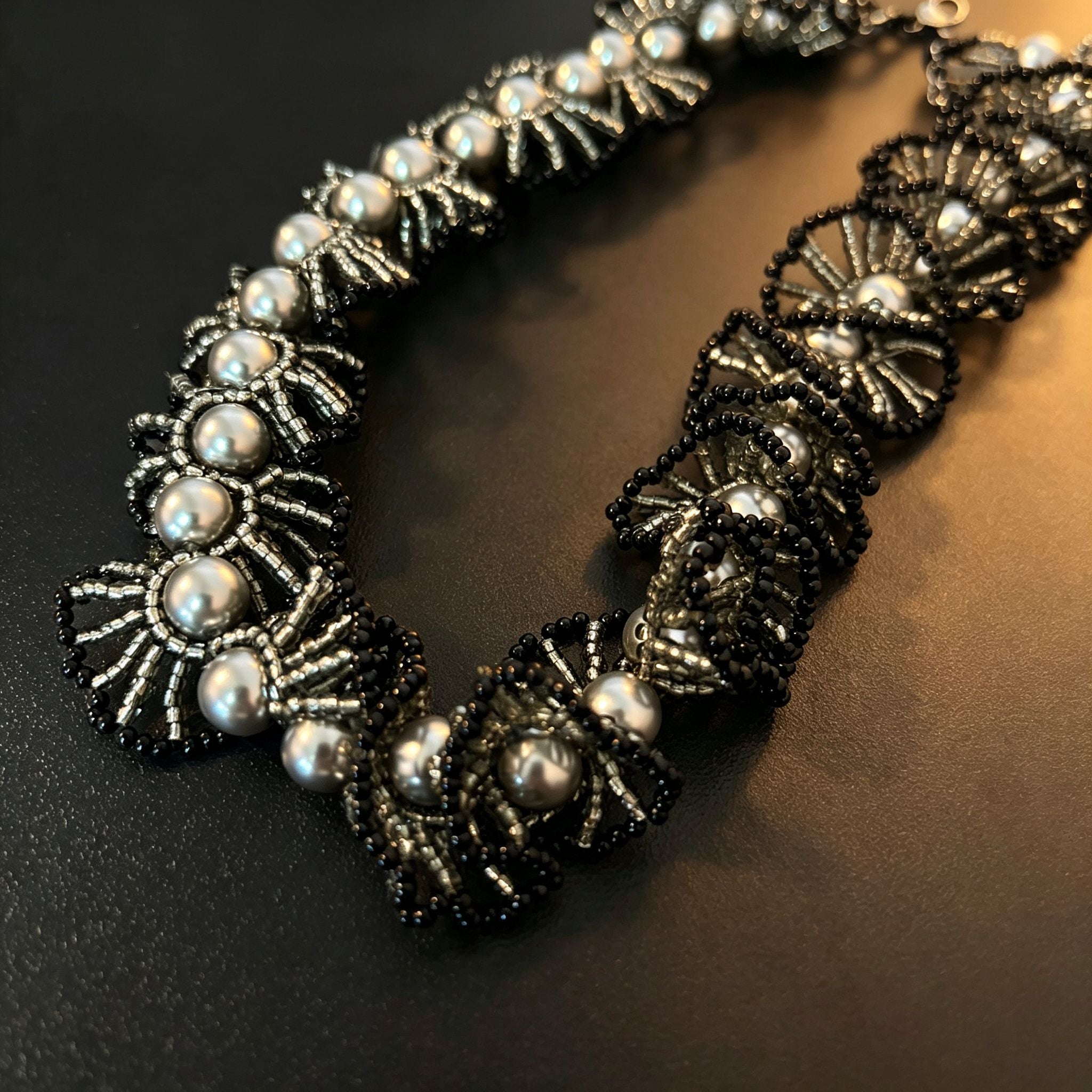 Handmade Black & Silver 3D Fan Flower Garland Choker Necklace | Pearl Center Gothic Luxe Statement Collar