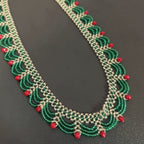Handmade Silver & Emerald Green Scallop Beaded Choker Necklace | Red Crystal Accent Festive Statement Collar