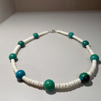 Handmade White Shell Heishi & Green Agate Choker Necklace | Blue Bead Tropical Beach Boho Collar