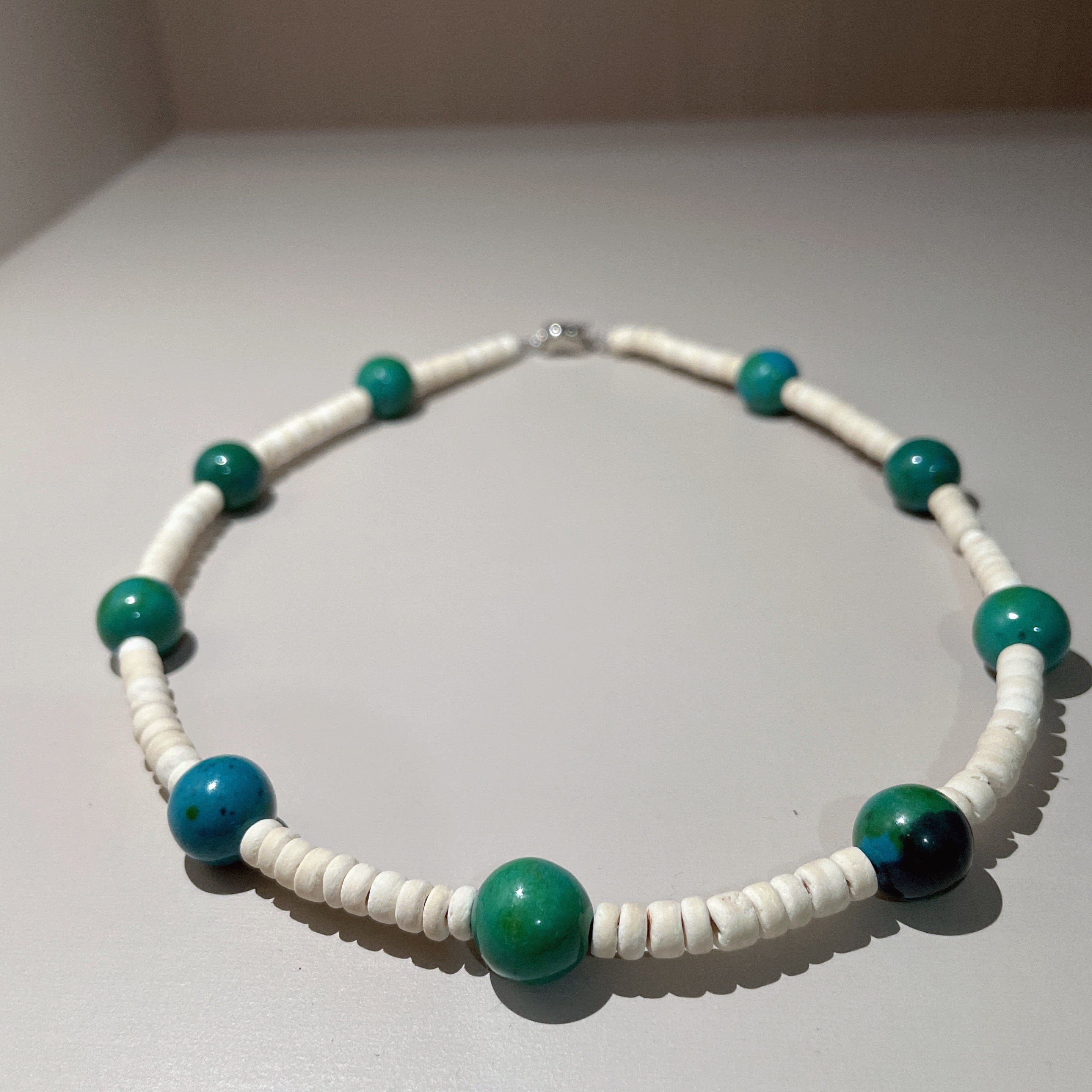 Handmade White Shell Heishi & Green Agate Choker Necklace | Blue Bead Tropical Beach Boho Collar