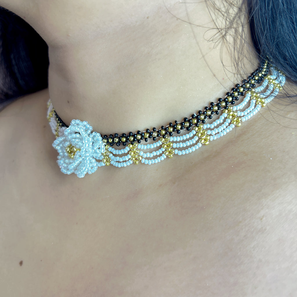Handmade Black & White Wave Lace Beaded Choker Necklace | 3D White Rose Center Yellow-Green Stamen Cottagecore