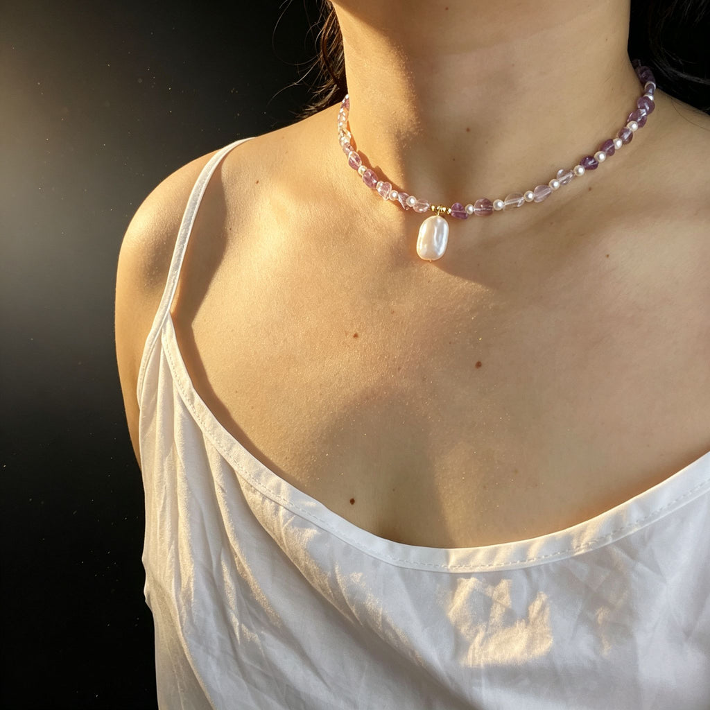 Handmade Amethyst & Citrine Crystal Baroque Pearl Beaded Necklace | Purple Yellow Natural Stone Luxe