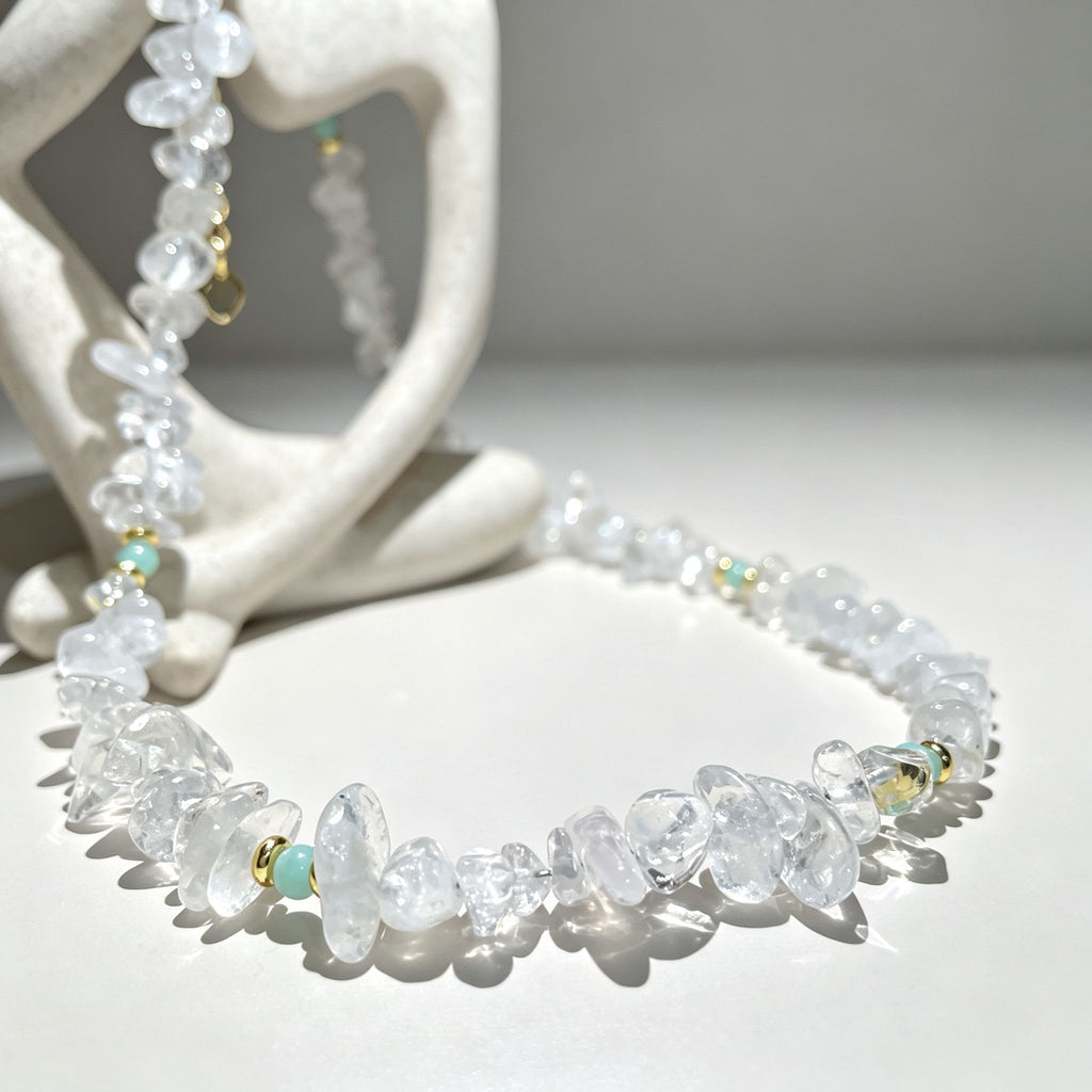 Handmade Clear Quartz Crystal Chip Stone Choker Necklace | Raw Natural Stone Light Blue Gold Accent