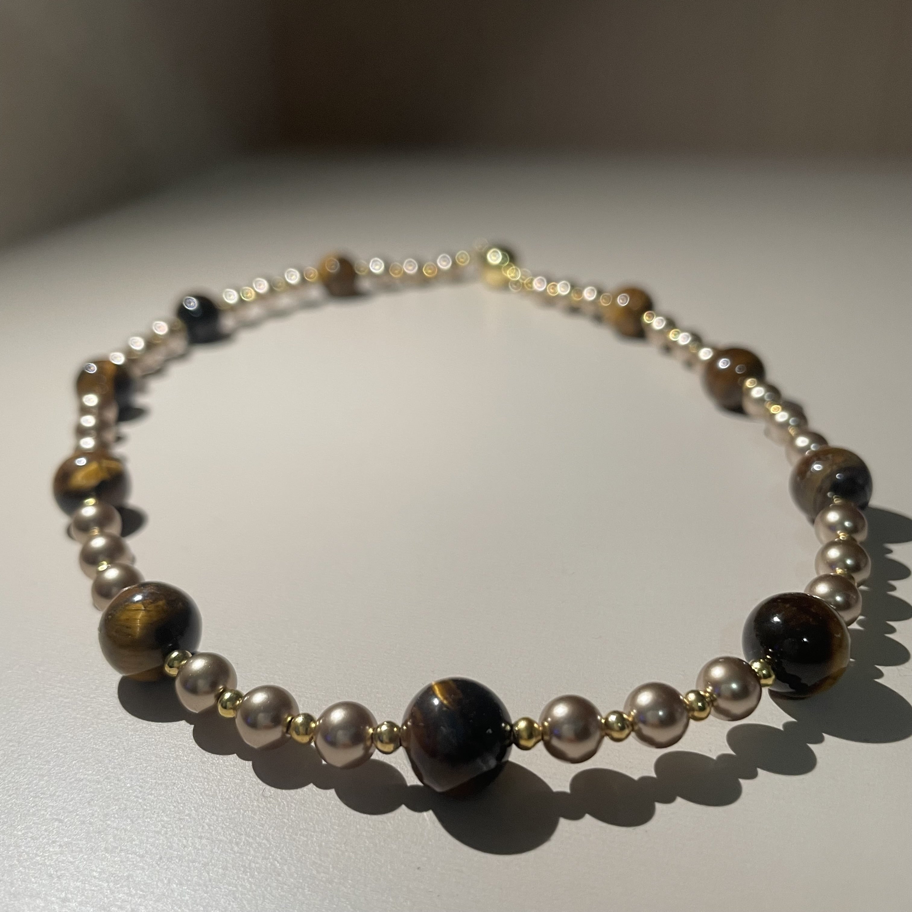 Handmade Tiger Eye & Gold Bead Choker Necklace | Natural Stone Alternating Design