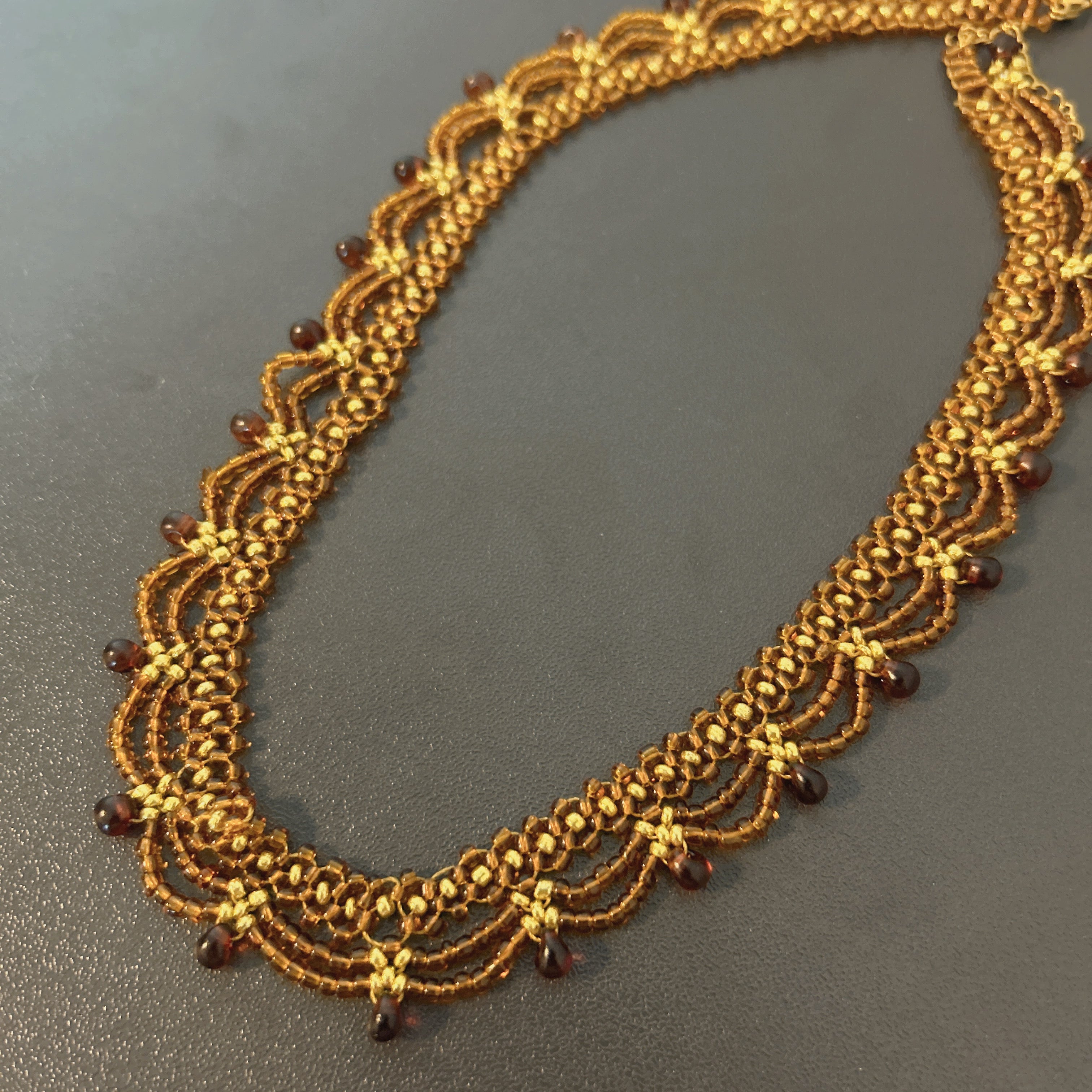 Handmade Gold & Brown Multi-Layer Wave Lace Beaded Choker Necklace | Brown Bead Drop Fringe Vintage Luxe Collar