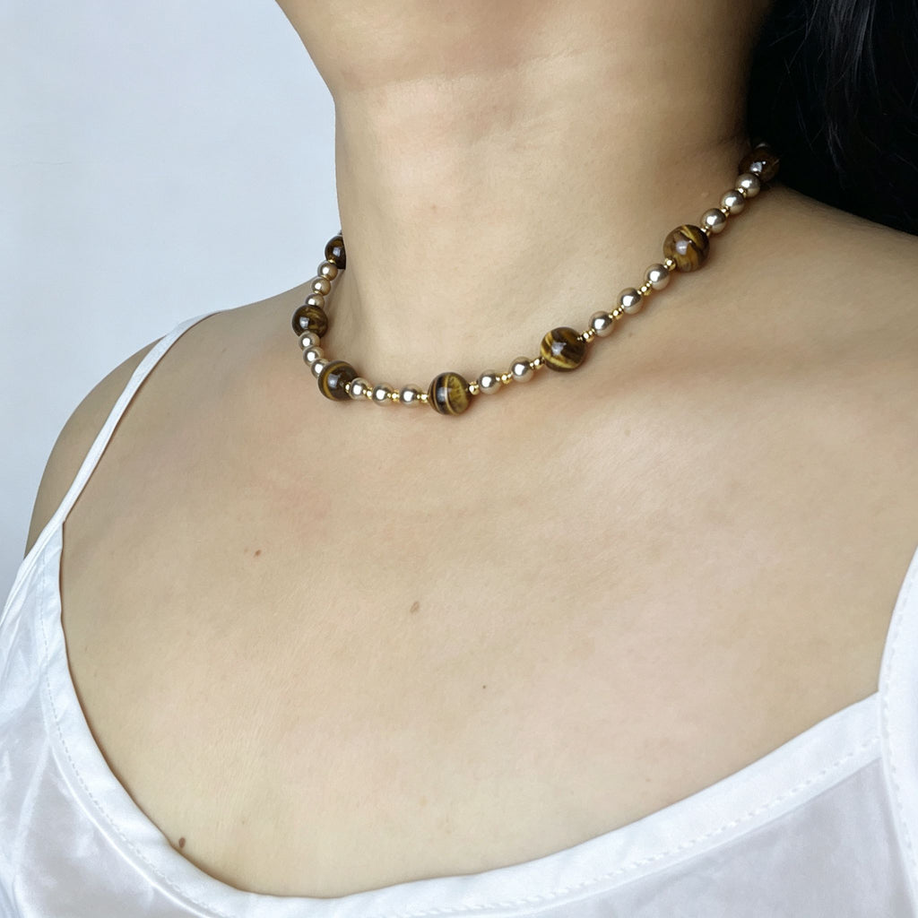 Handmade Tiger Eye & Metal Bead Choker Necklace | Natural Stone Silver Gold Spacer