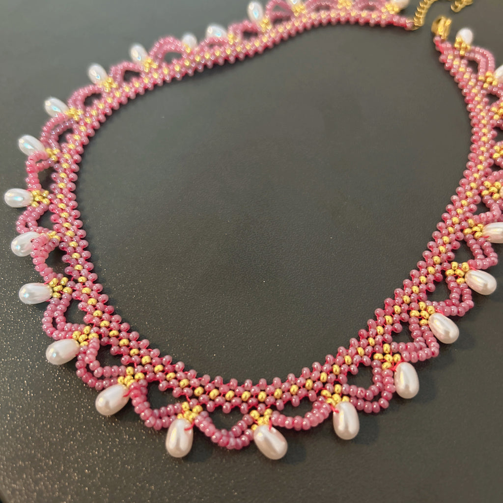 Handmade Rose Pink & Gold Wave Lace Beaded Choker Necklace | Freshwater Pearl Drop Fringe Romantic Collar