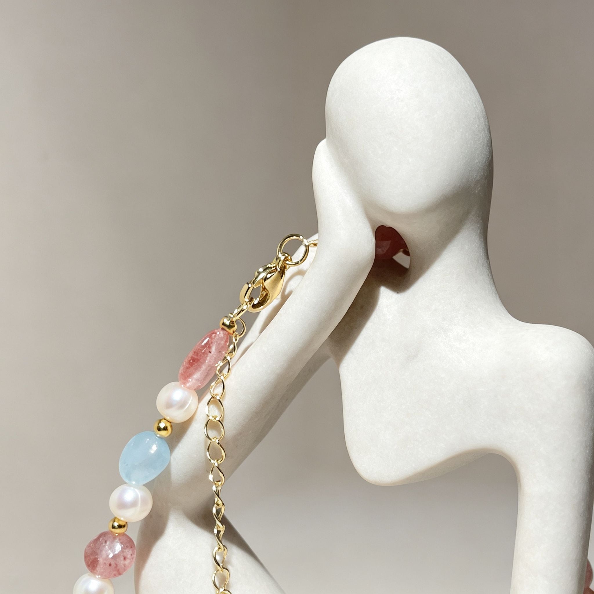 Handmade Morganite Pearl & Aquamarine Mixed Stone Choker Necklace | Pastel Pink Blue Gold