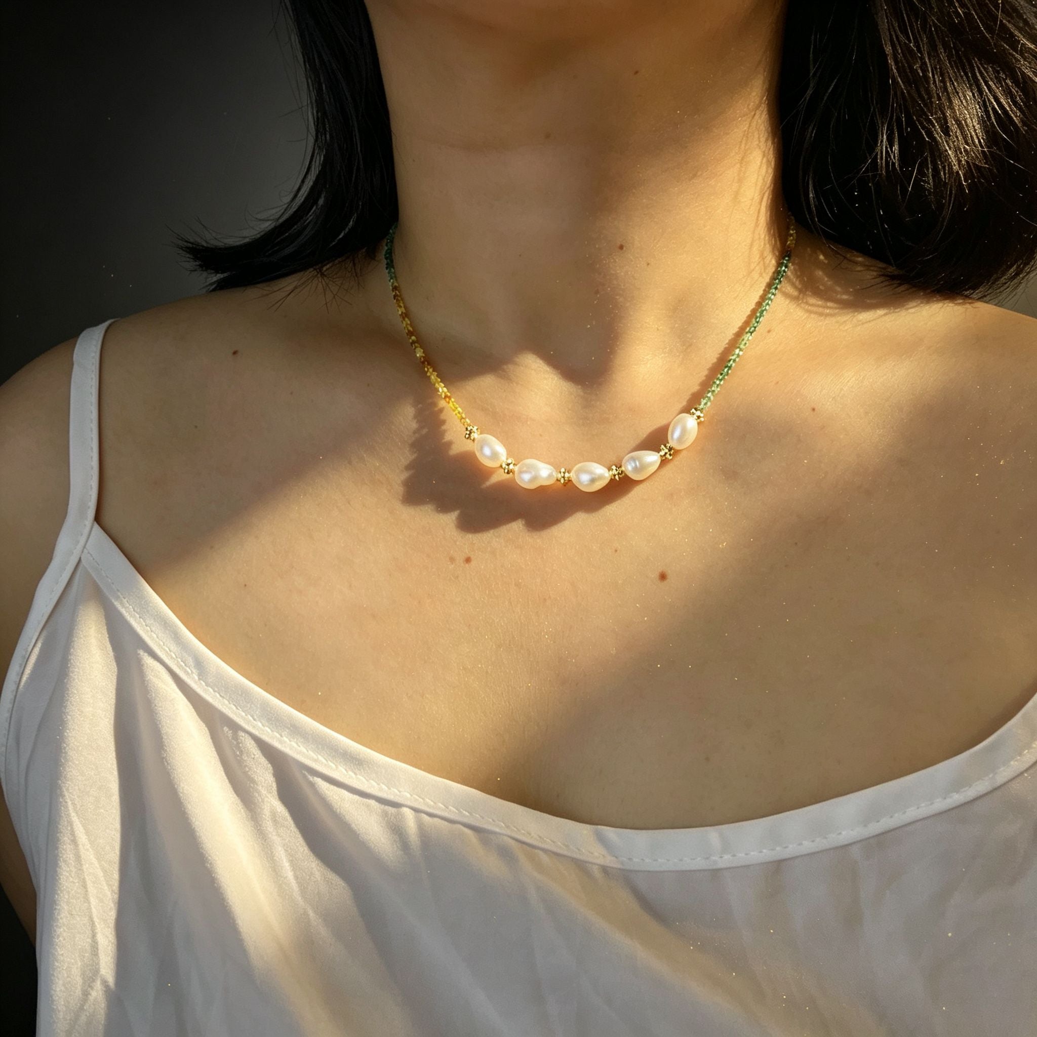 Handmade Green Orange Gradient Crystal Bead Necklace | Baroque Freshwater Pearl Gold Flower Spacer Luxe
