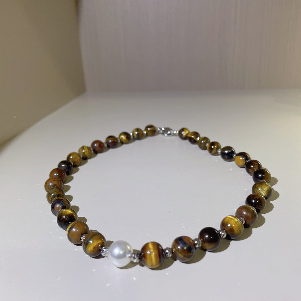 Handmade Tiger Eye Choker Necklace with Baroque Pearl Focal | Silver Spacer Natural Stone