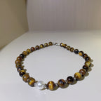 Handmade Tiger Eye Choker Necklace with Baroque Pearl Focal | Silver Spacer Natural Stone