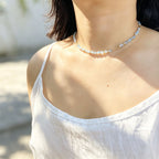 Handmade Aquamarine Chip Stone Choker Necklace | Gold Round & Tube Spacer Heart Charm Extender