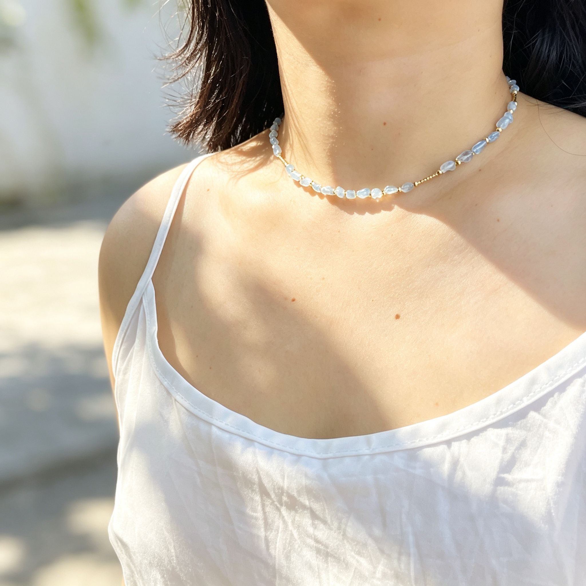 Handmade Aquamarine Chip Stone Choker Necklace | Gold Round & Tube Spacer Heart Charm Extender