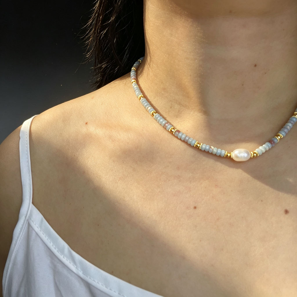 Handmade Grey & Blush Heishi Disc Choker Necklace | Baroque Freshwater Pearl Center Gold Spacer Minimal