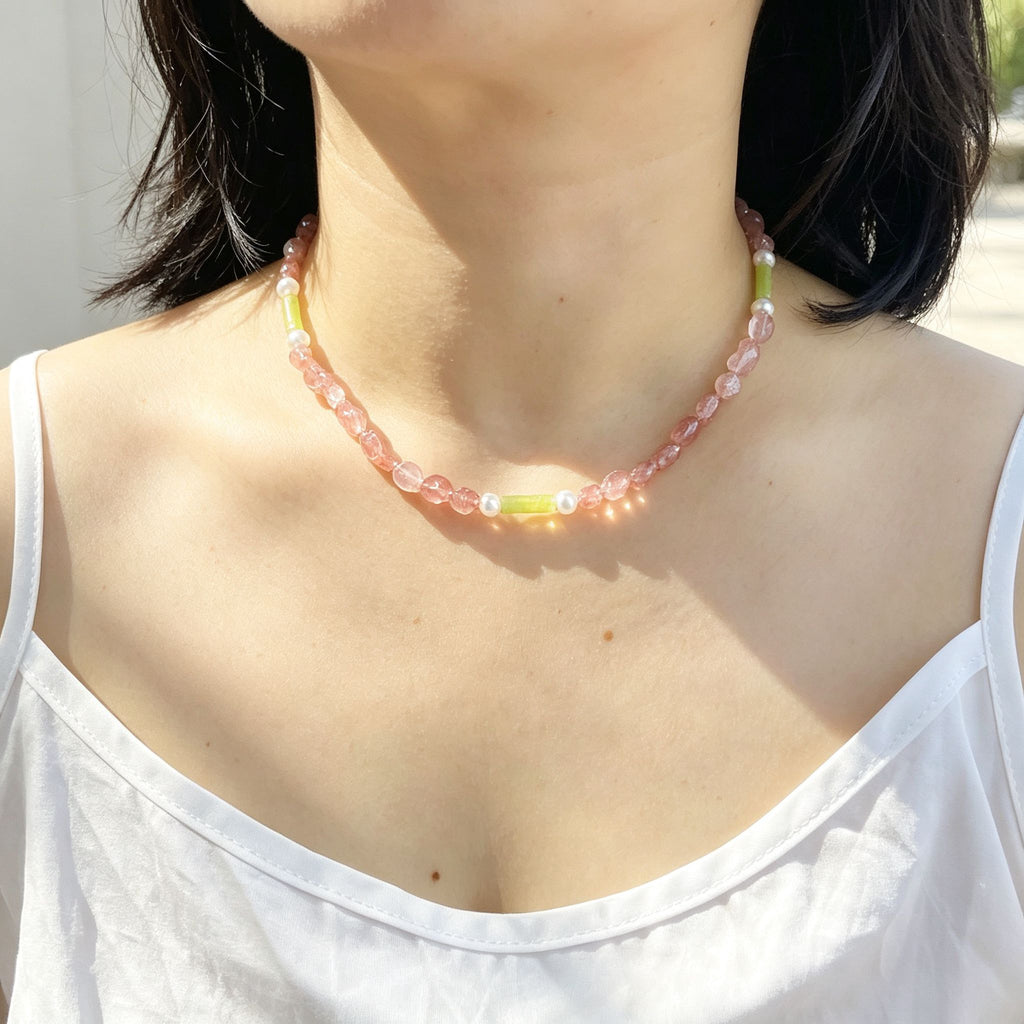 Handmade Strawberry Quartz & Green Jade Tube Pearl Necklace | Gold Lobster Clasp Heart Charm
