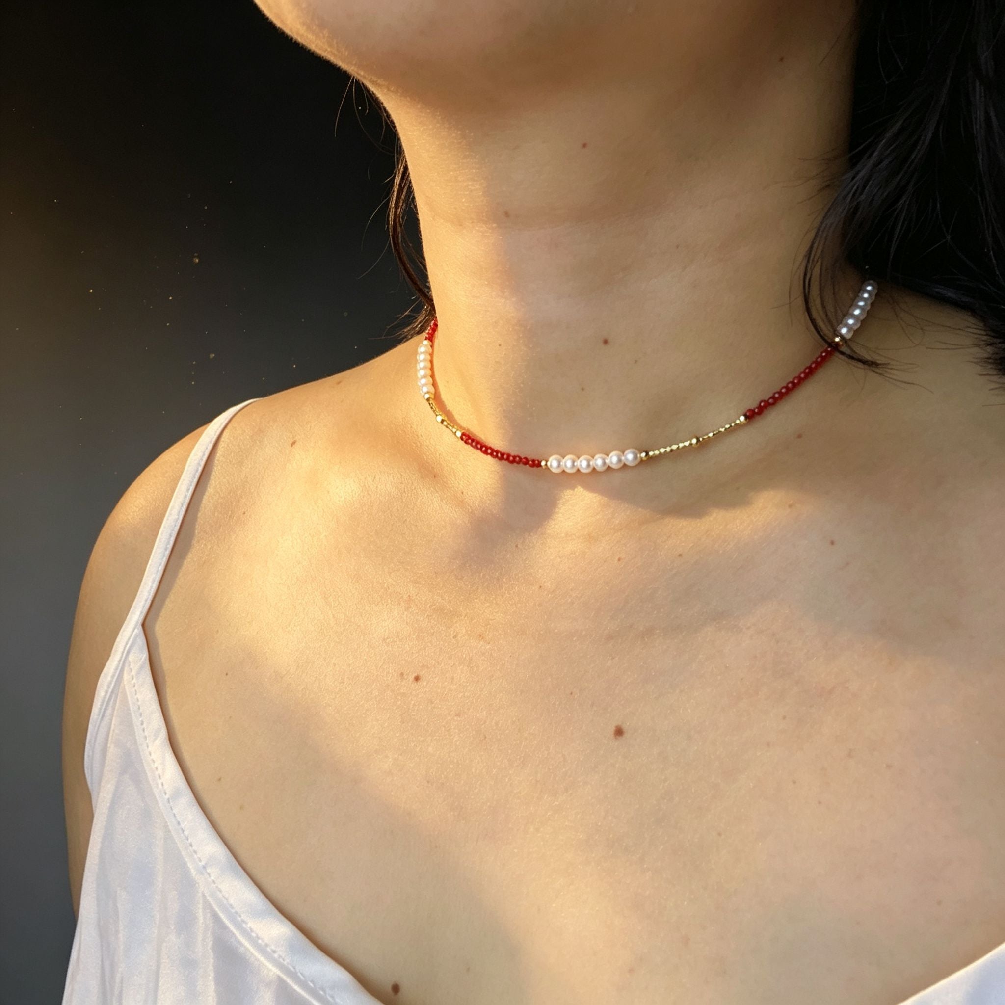Handmade Red Crystal & Pearl Choker Necklace | Gold Tube Spacer Heart Charm Extender