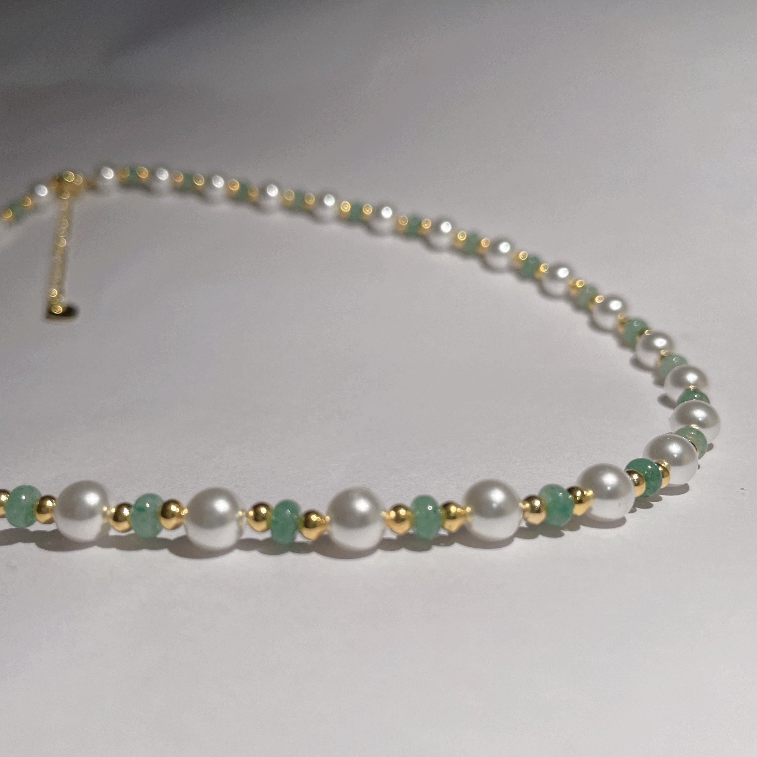 Handmade Pearl & Sage Green Seed Bead Choker Necklace | Gold Spacer Elegant Jewelry