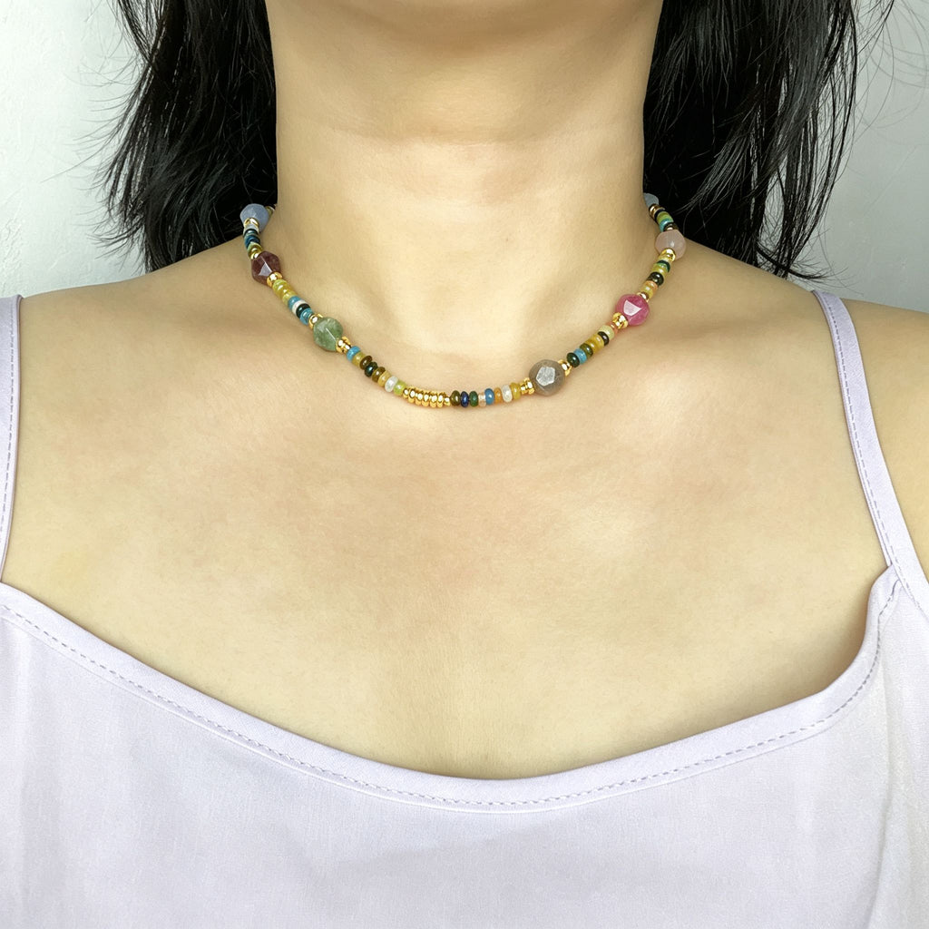 Handmade Multicolor Natural Stone Beaded Necklace | Agate Jasper Faceted Gem Gold Spacer Boho