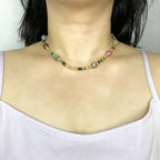 Handmade Multicolor Natural Stone Beaded Necklace | Agate Jasper Faceted Gem Gold Spacer Boho