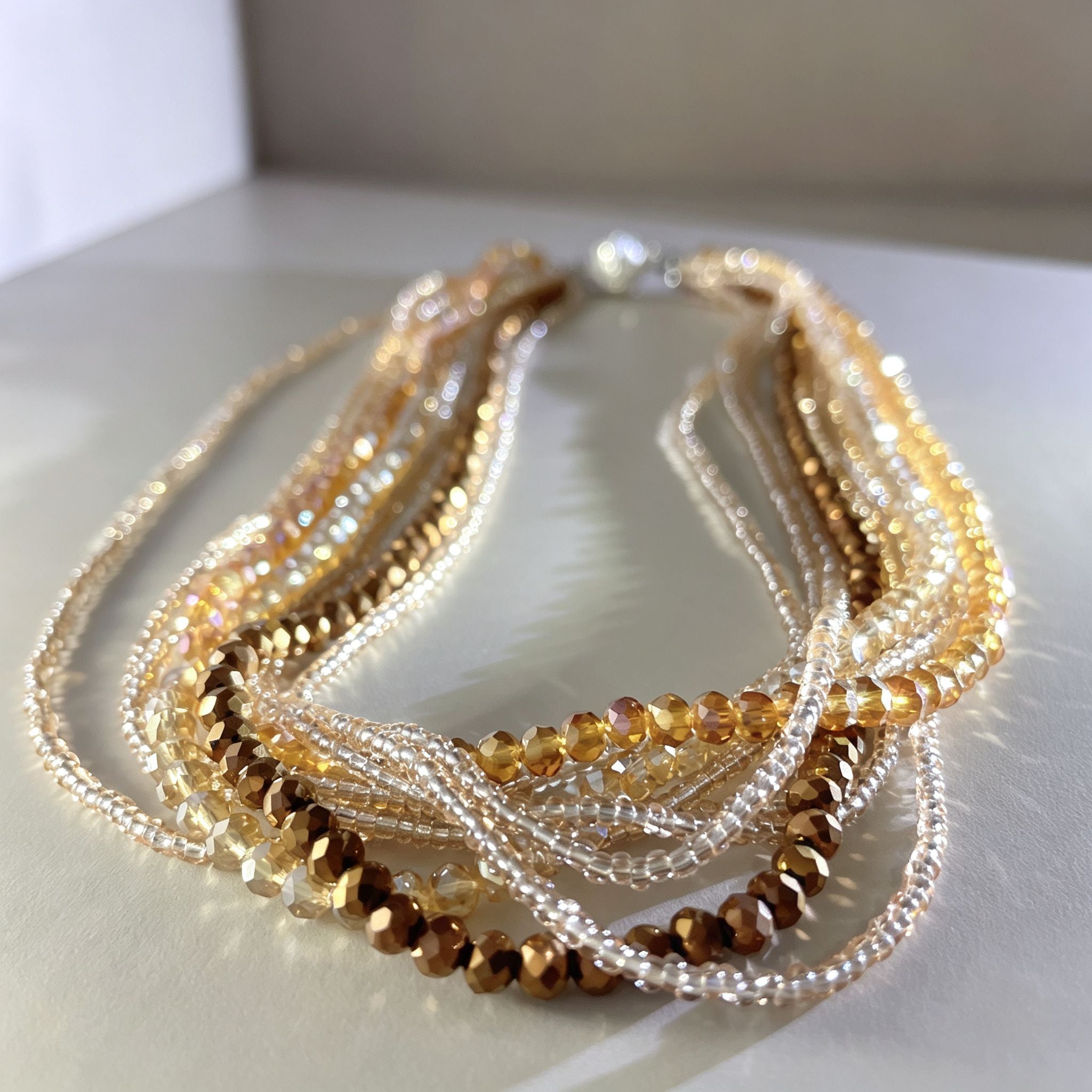 Handmade Multi-Strand Gold Crystal Twisted Choker Necklace | Champagne Layered Statement Collar