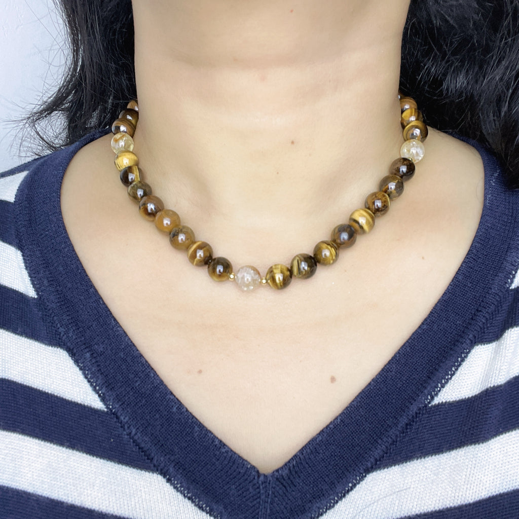 Handmade Tiger Eye Stone & Freshwater Pearl Beaded Necklace | Gold Brown Natural Stone Silver Spacer