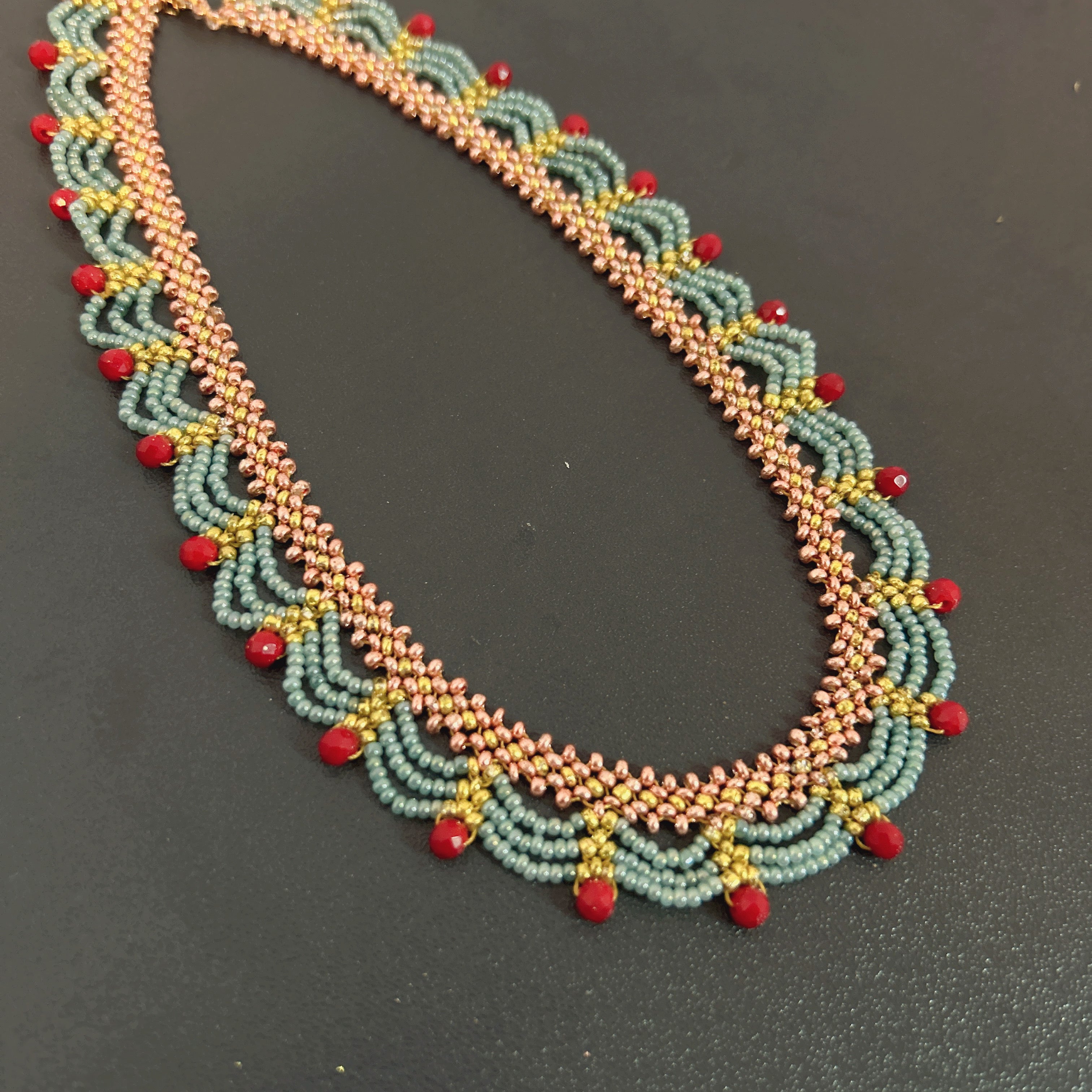 Handmade Rose Gold & Sky Blue Scallop Beaded Choker Necklace | Red Bead Drop Boho Wide Collar