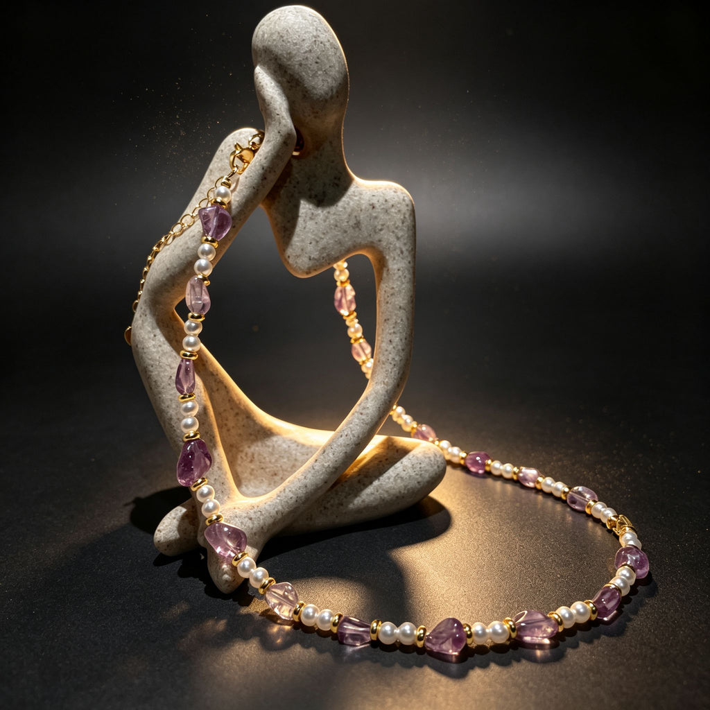 Handmade Amethyst Tumbled Stone & Pearl Choker Necklace | Gold Spacer Natural Stone Jewelry