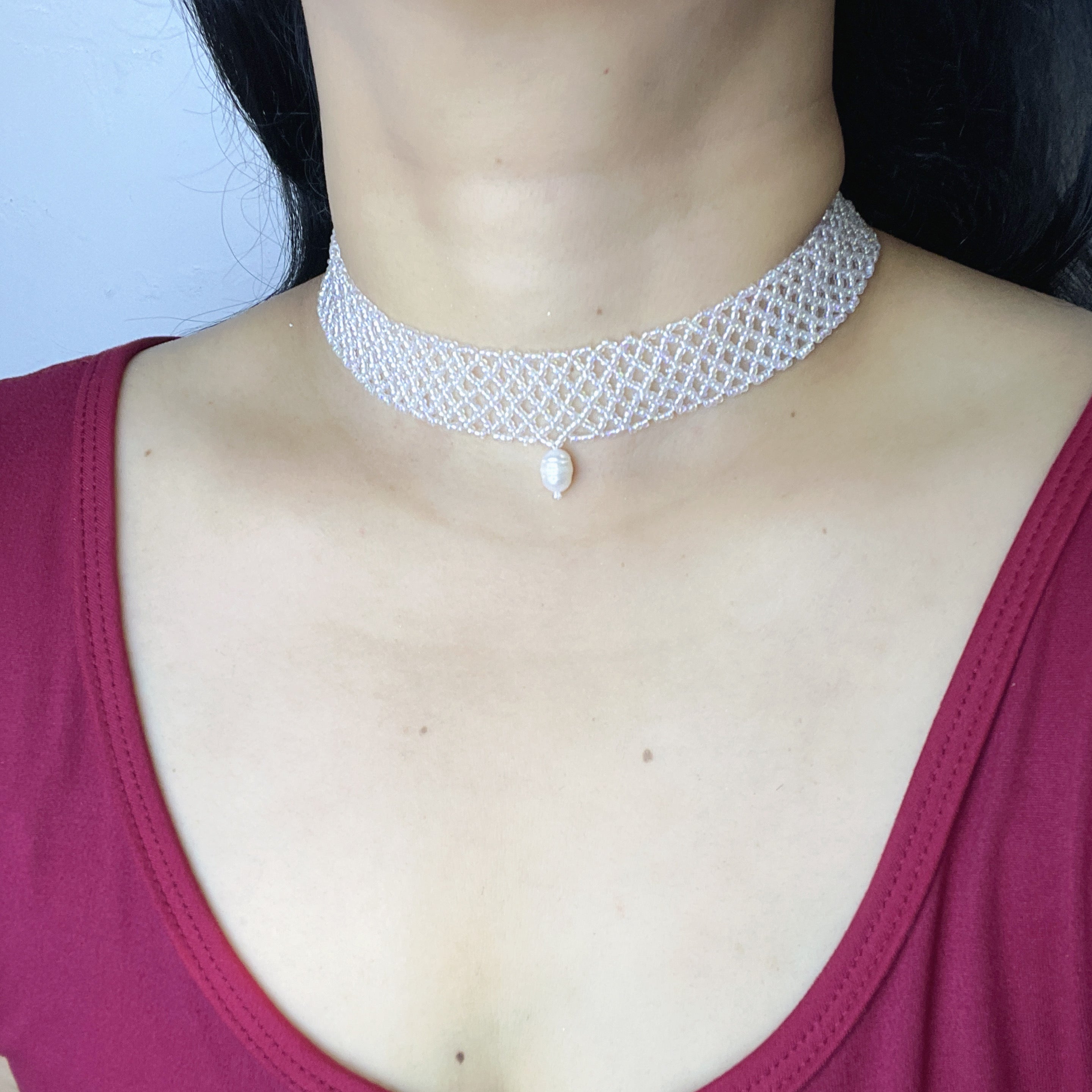 Handmade White Transparent Diamond Mesh Beaded Choker Necklace | Heart Pearl Drop Y2K Minimalist Collar