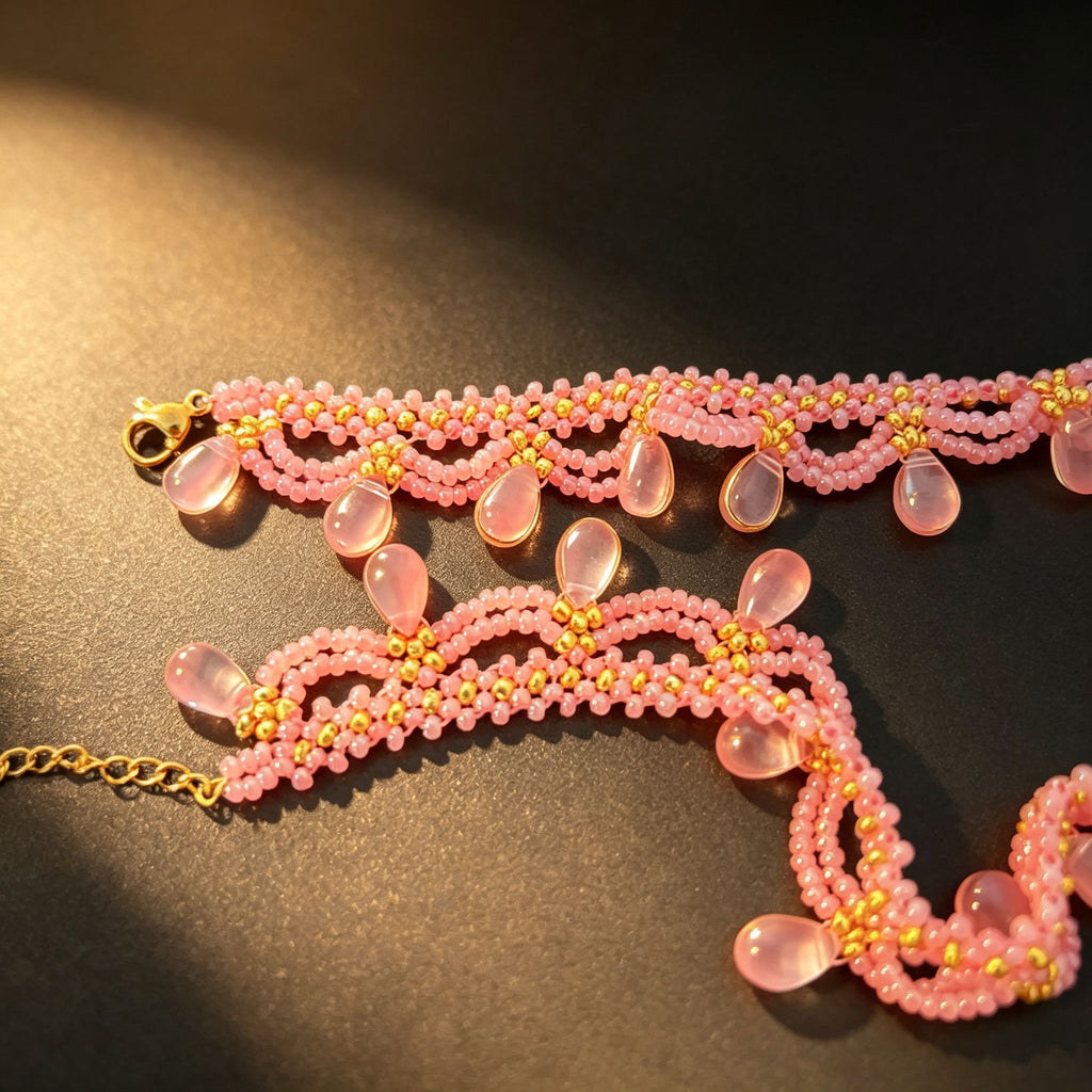 Handmade Pink & Gold Wave Lace Beaded Choker Necklace | Pink Crystal Teardrop Drop Fringe Y2K Princess Collar