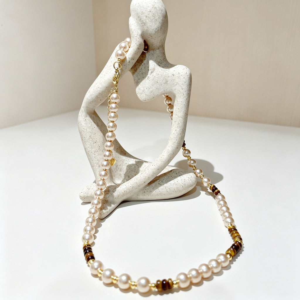 Handmade Pearl & Tiger Eye Disc Choker Necklace | Gold Spacer Elegant Natural Stone Jewelry