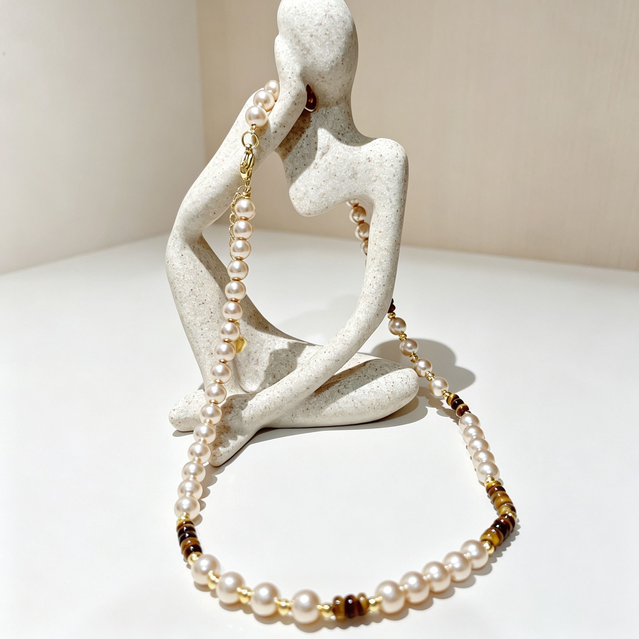 Handmade Pearl & Tiger Eye Disc Choker Necklace | Gold Spacer Elegant Natural Stone Jewelry