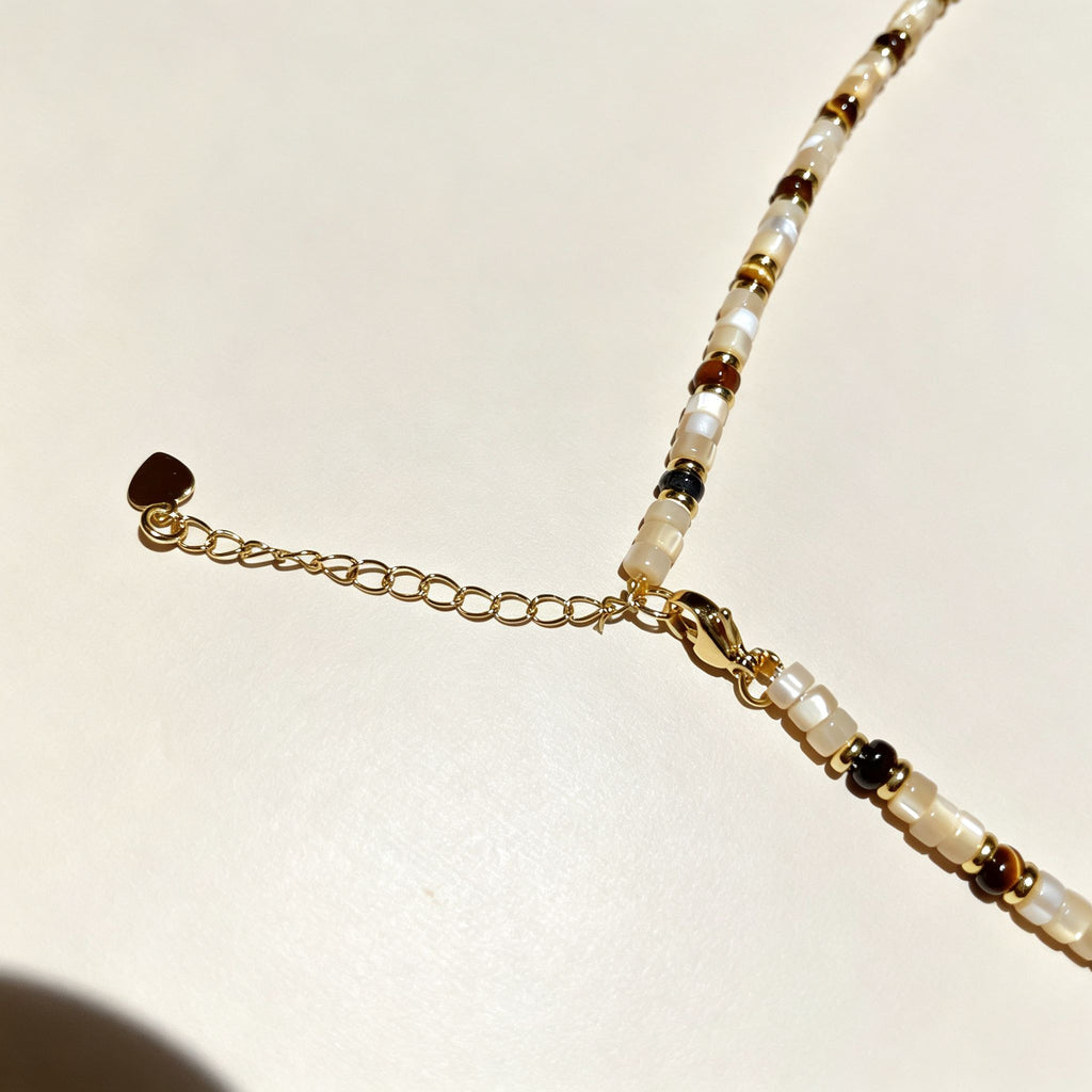 Handmade Cream Seed Bead & Gold Metal Bead Choker Necklace | Minimalist Everyday Jewelry