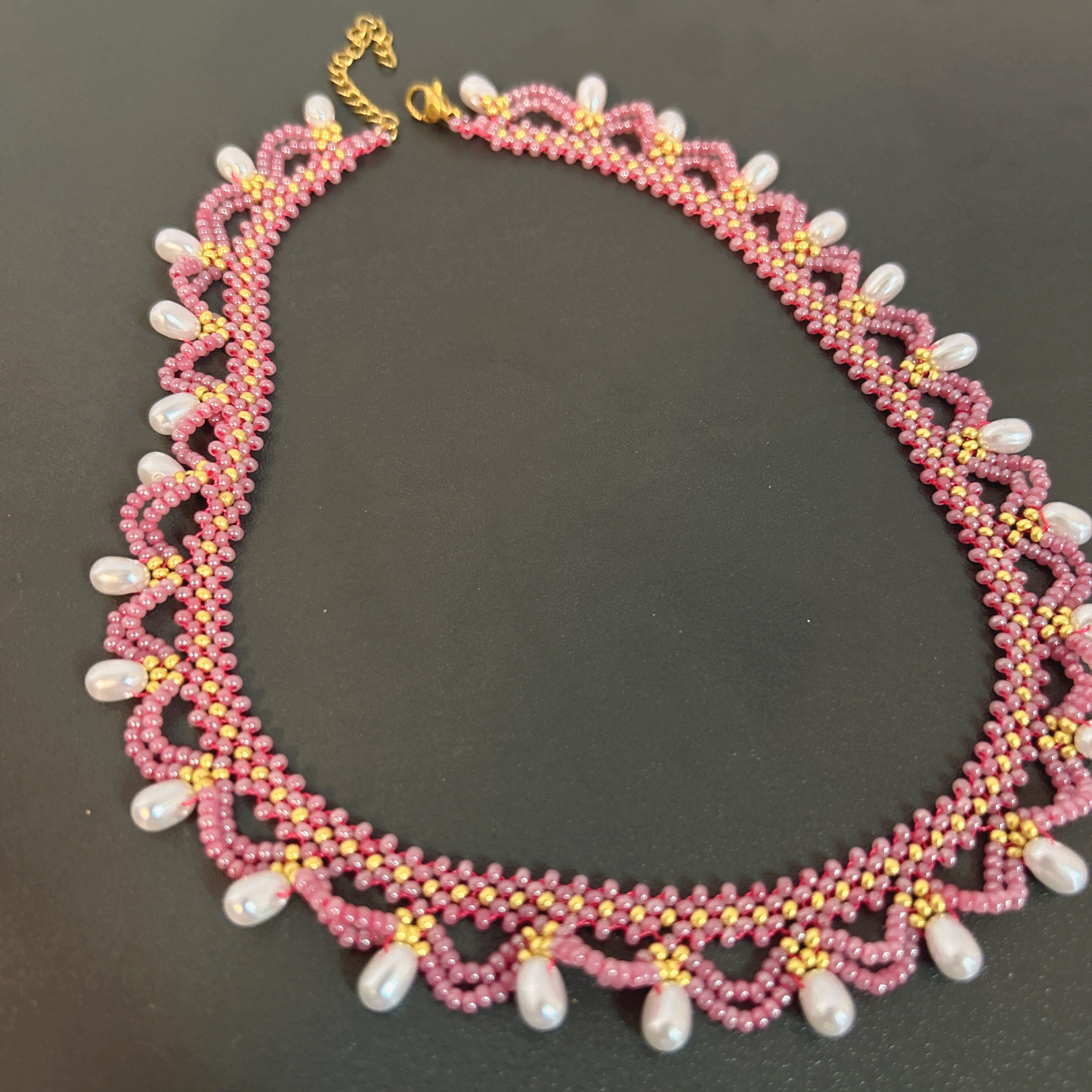 Handmade Rose Pink & Gold Wave Lace Beaded Choker Necklace | Freshwater Pearl Drop Fringe Romantic Collar