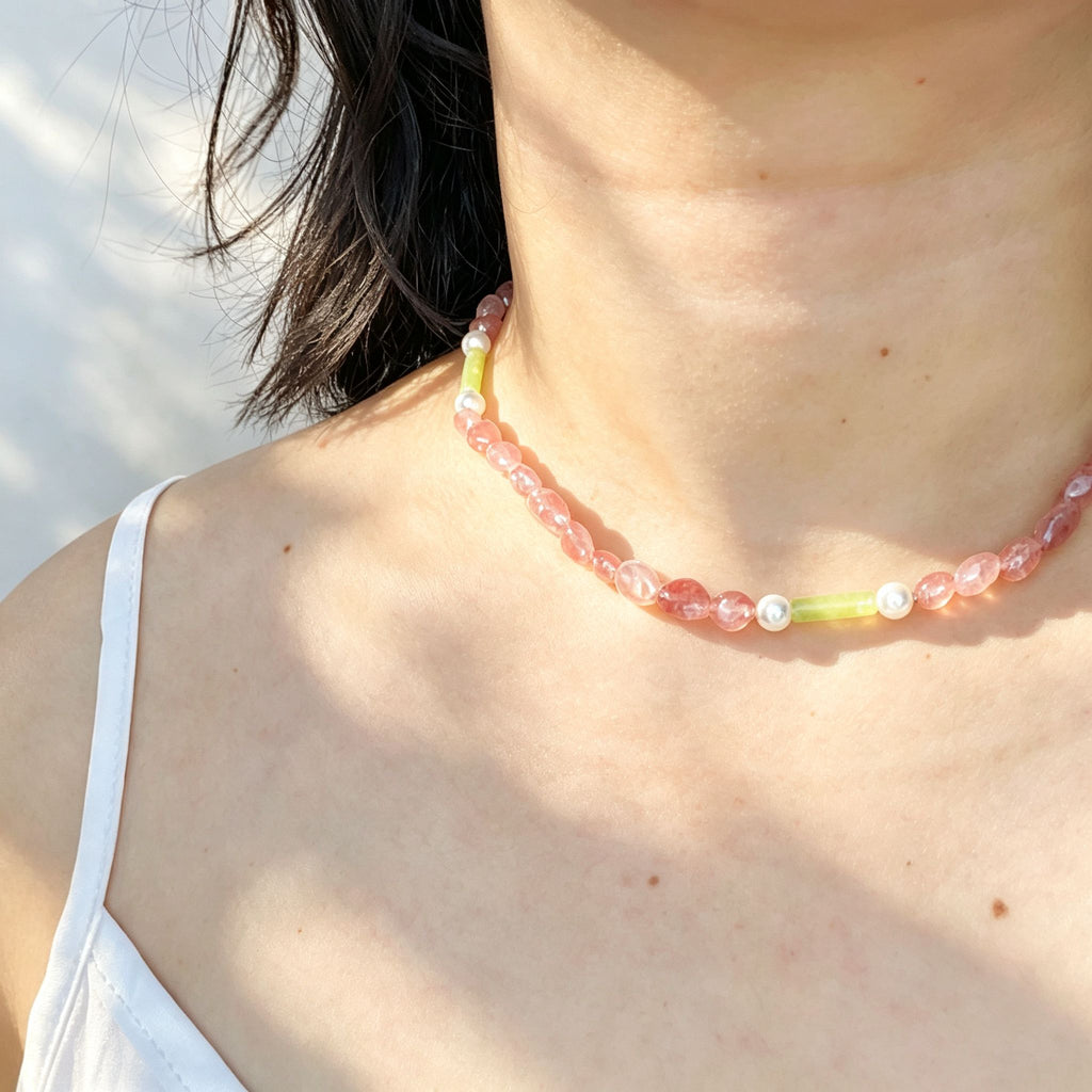 Handmade Strawberry Quartz & Green Jade Tube Pearl Necklace | Gold Lobster Clasp Heart Charm