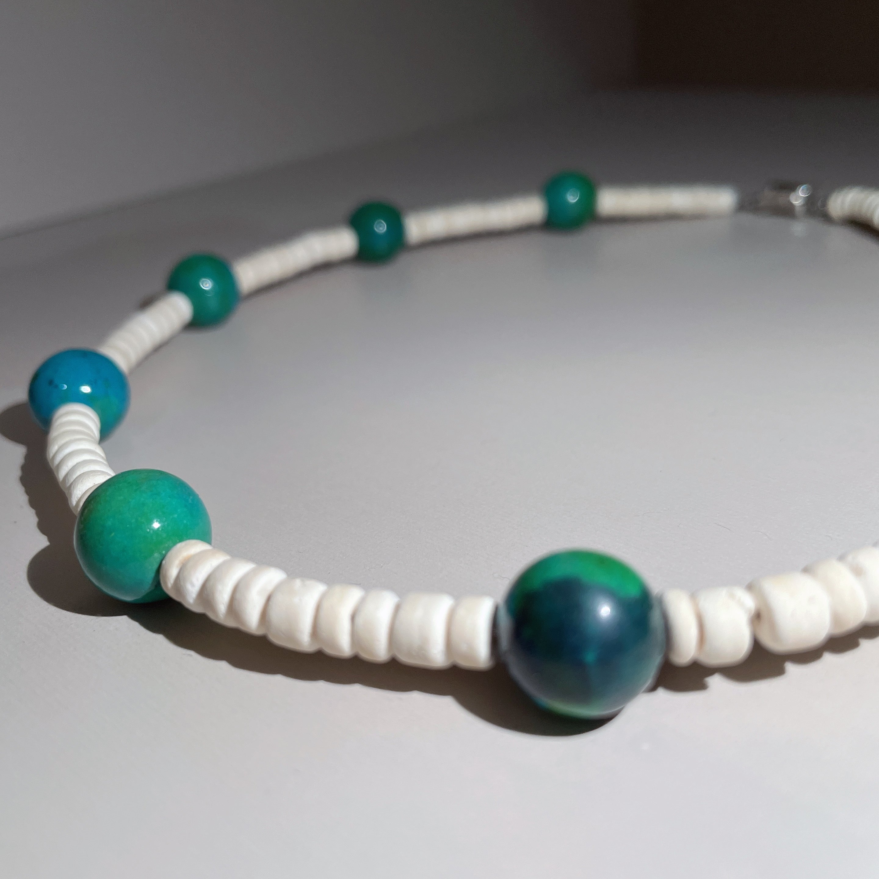 Handmade White Shell Heishi & Green Agate Choker Necklace | Blue Bead Tropical Beach Boho Collar
