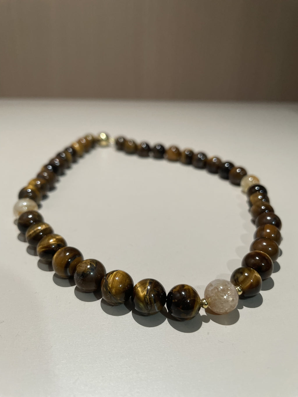 Handmade Tiger Eye Stone & Freshwater Pearl Beaded Necklace | Gold Brown Natural Stone Silver Spacer