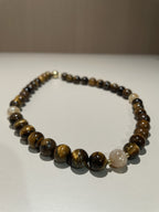 Handmade Tiger Eye Stone & Freshwater Pearl Beaded Necklace | Gold Brown Natural Stone Silver Spacer