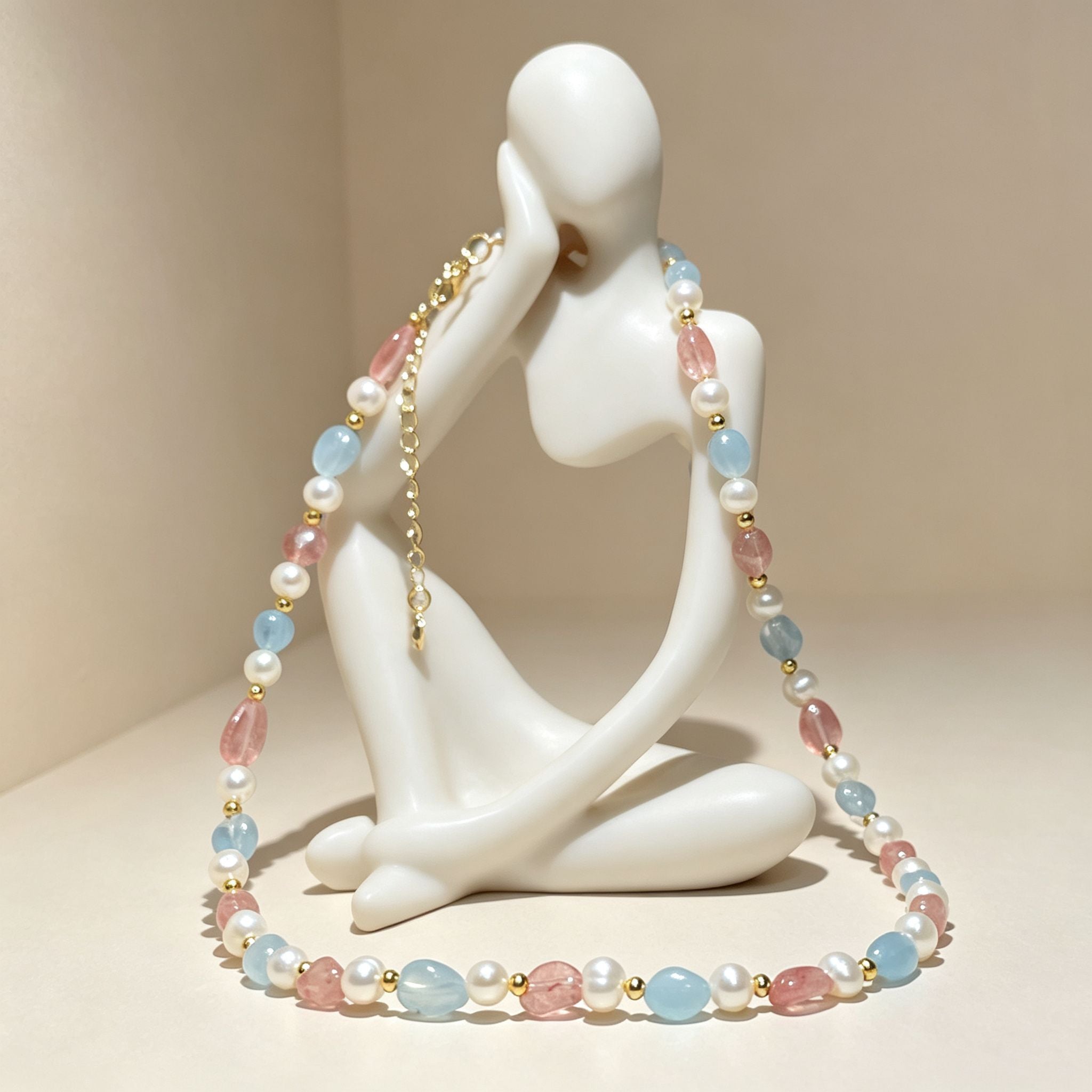 Handmade Morganite Pearl & Aquamarine Mixed Stone Choker Necklace | Pastel Pink Blue Gold