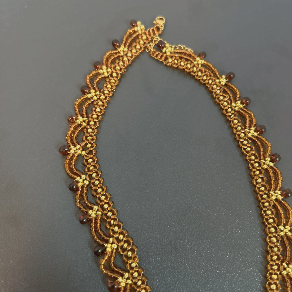 Handmade Gold & Brown Multi-Layer Wave Lace Beaded Choker Necklace | Brown Bead Drop Fringe Vintage Luxe Collar