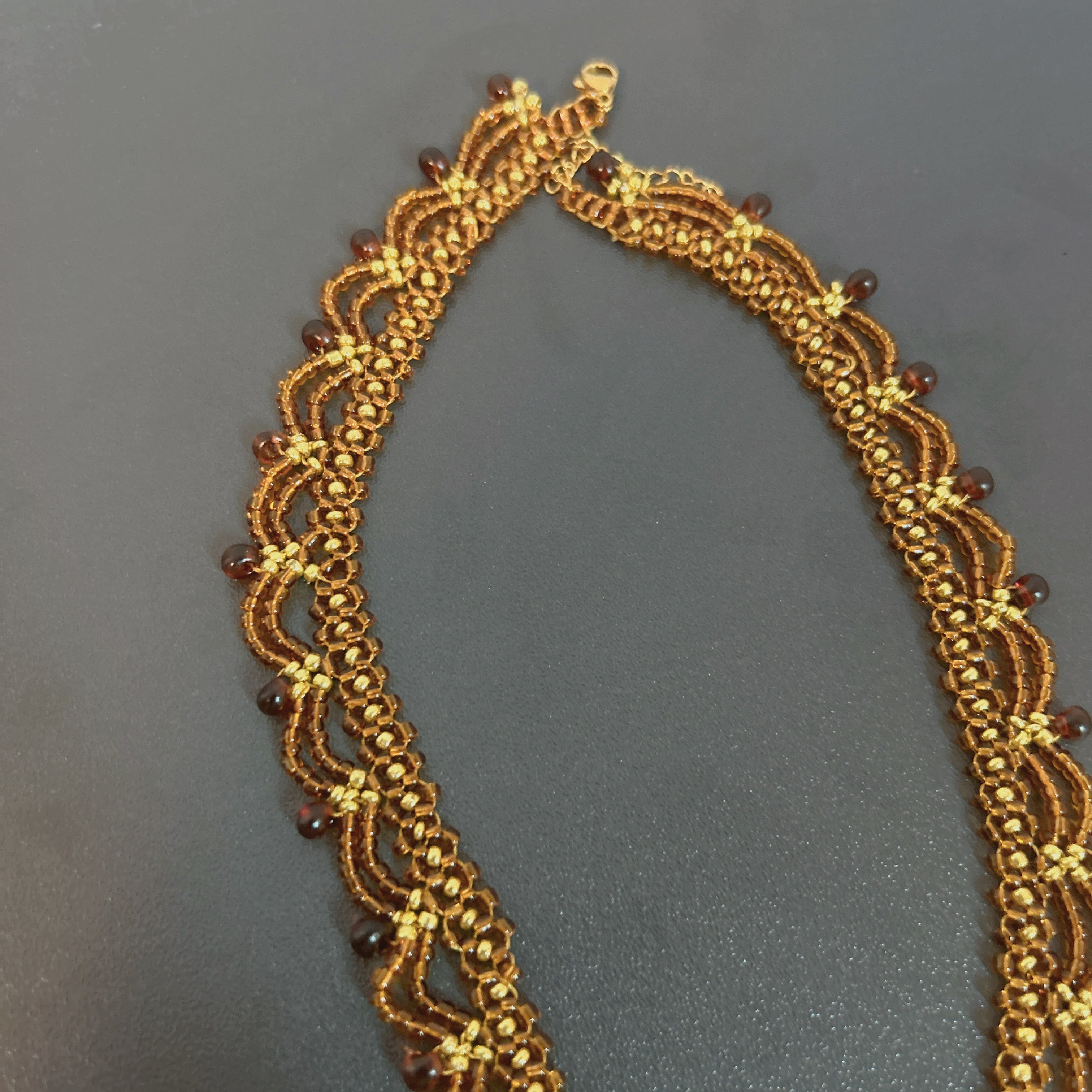 Handmade Gold & Brown Multi-Layer Wave Lace Beaded Choker Necklace | Brown Bead Drop Fringe Vintage Luxe Collar