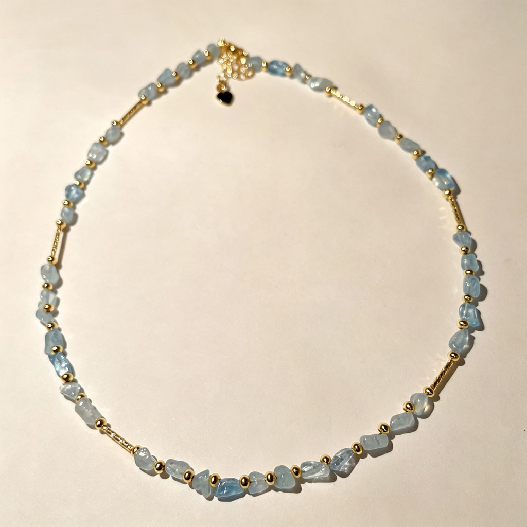 Handmade Aquamarine Chip Stone Choker Necklace | Gold Round & Tube Spacer Heart Charm Extender