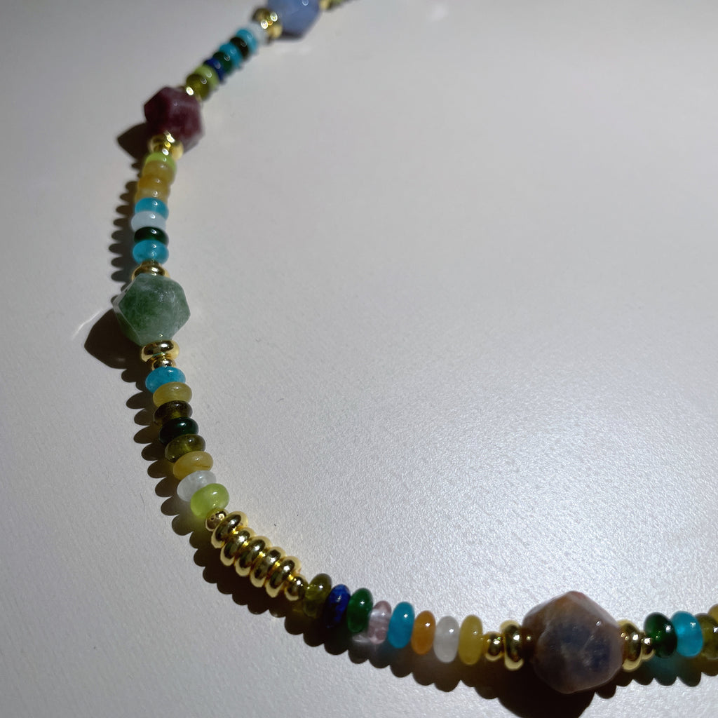 Handmade Multicolor Natural Stone Beaded Necklace | Agate Jasper Faceted Gem Gold Spacer Boho