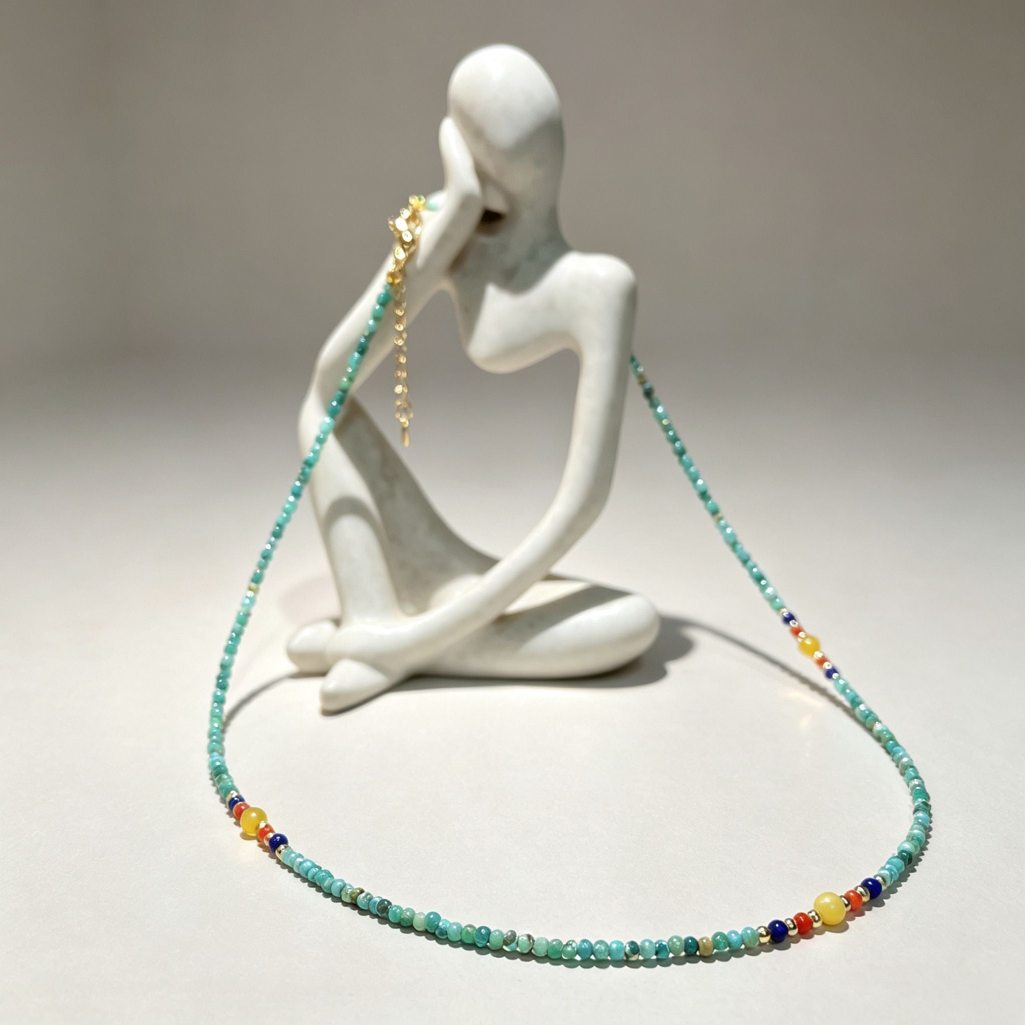 Handmade Mint Green Seed Bead Choker Necklace | Orange Agate Navy Blue Gold Accent