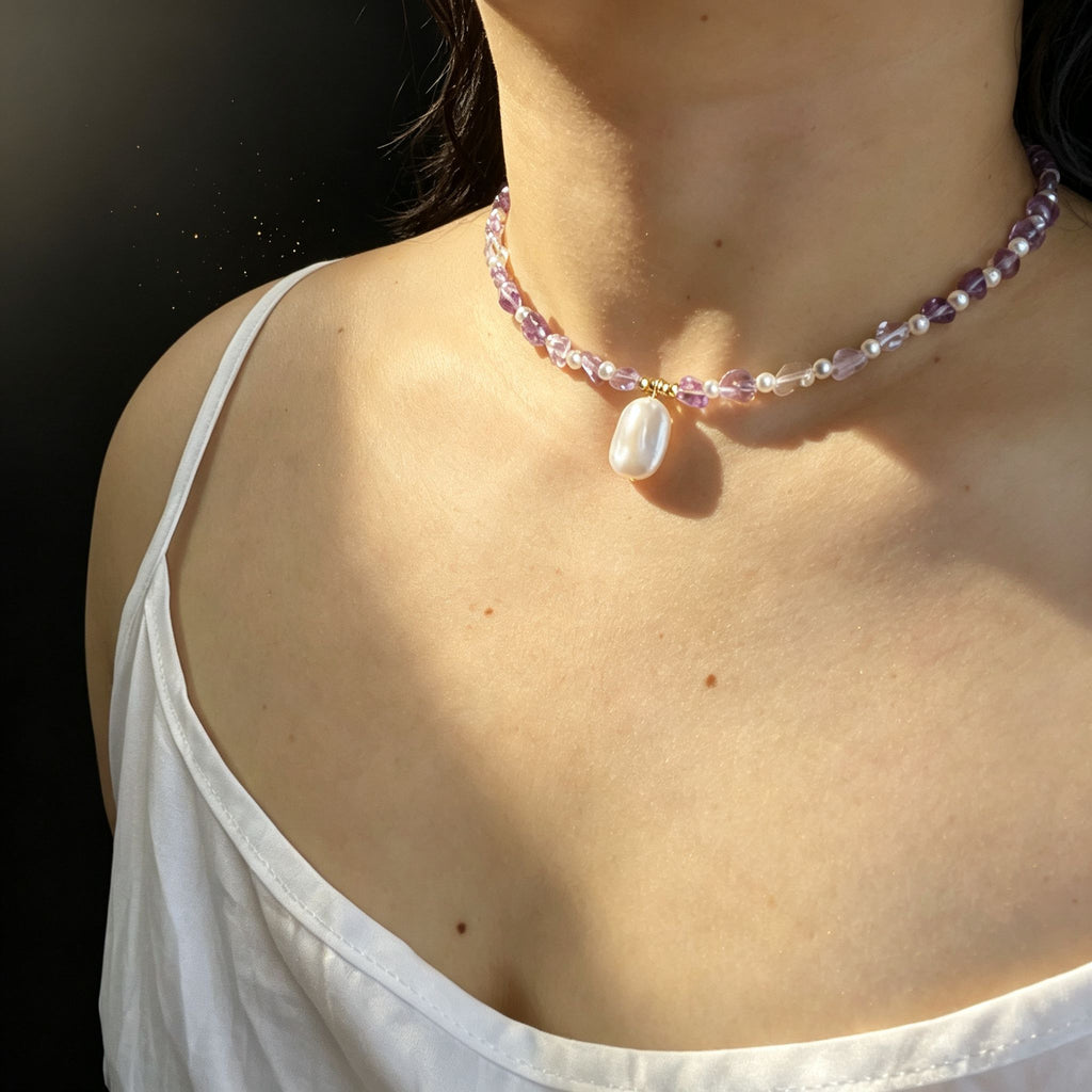 Handmade Amethyst & Citrine Crystal Baroque Pearl Beaded Necklace | Purple Yellow Natural Stone Luxe