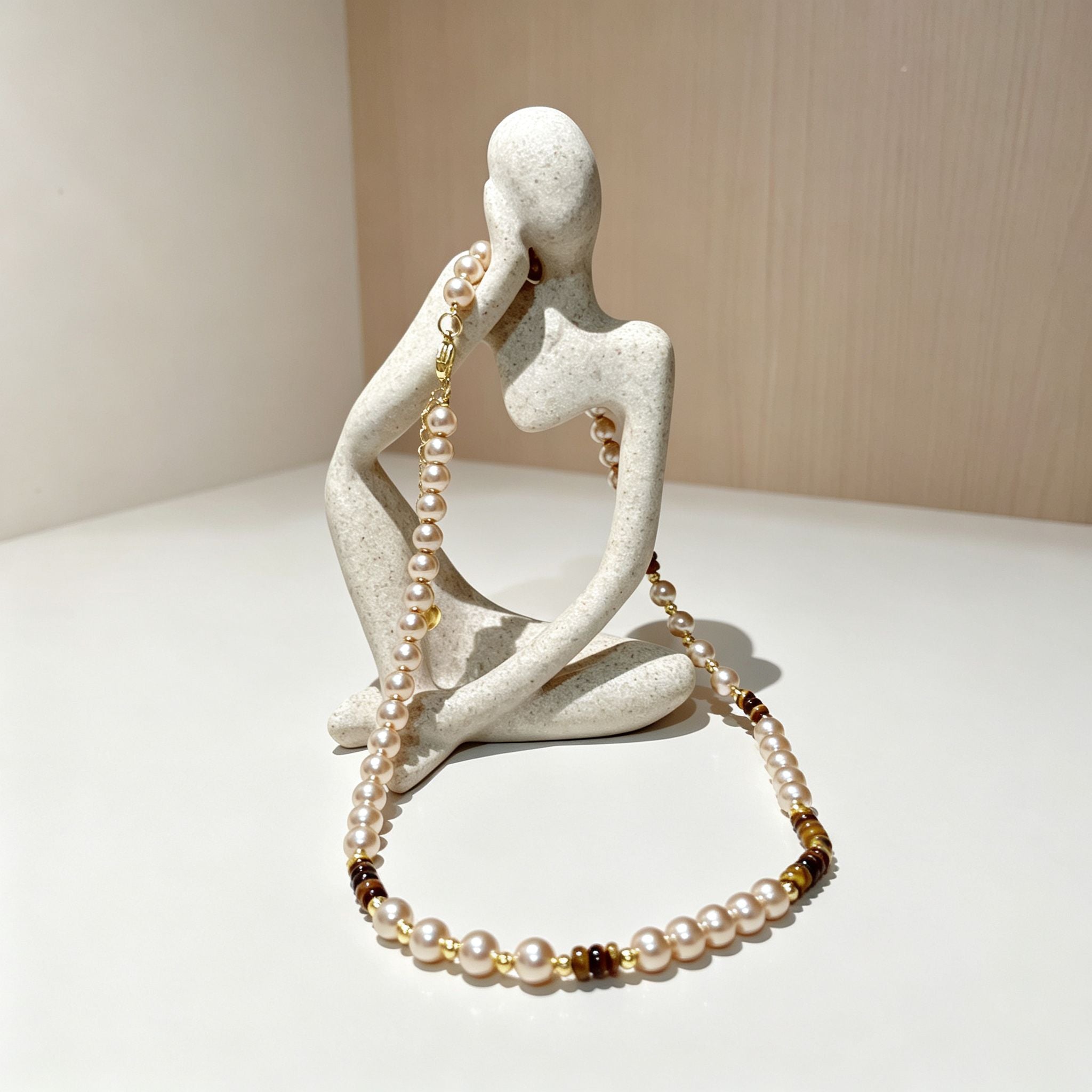 Handmade Pearl & Tiger Eye Disc Choker Necklace | Gold Spacer Elegant Natural Stone Jewelry
